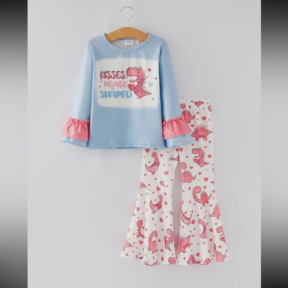 Blue and Pink Dinosaur Long Sleeve Shirt and Flare Pant Set